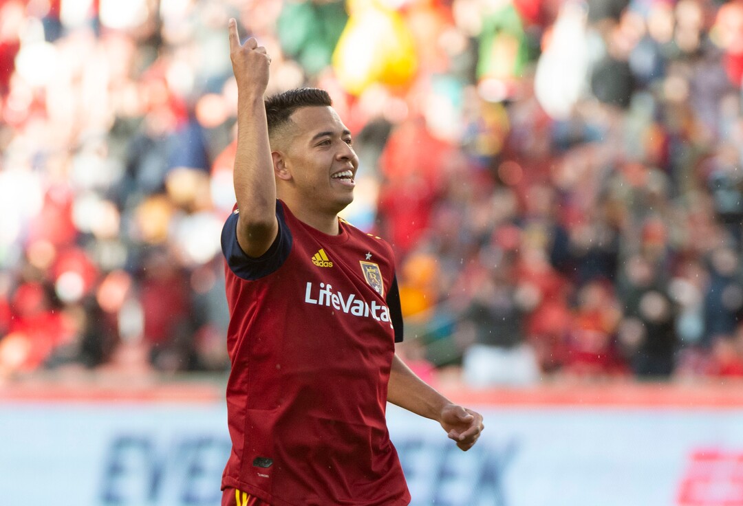 (Rick Egan  |  The Salt Lake Tribune).  Real midfielder Sebastian Saucedo (23) reacts after scoring a Salt Lake goal, in MLS soccer action between Real Salt Lake and Atlanta United at Rio Tinto Stadium in Sandy, Friday, May 24, 2019.