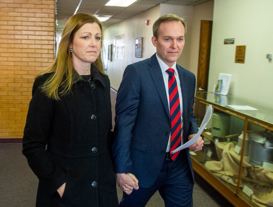 (Rick Egan  |  The Salt Lake Tribune)  Ben McAdams leaves the Murray City Hall with his wife, Julie, after announcing that he will vote yes on the House impeachment vote, during news conference at Murray City Hall, Monday, Dec. 16, 2019.