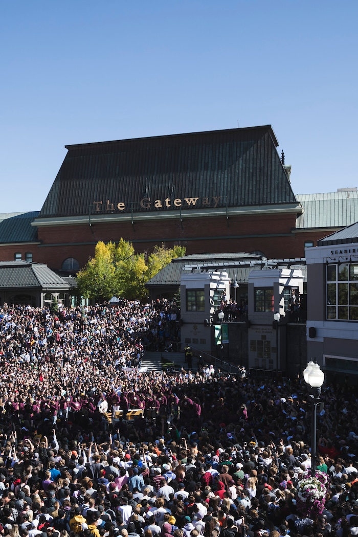 (Clark Clifford  |  Special to The Salt Lake Tribune) Thousands cram into Olympic Plaza surrounding Kanye West during his Sunday Service at The Gateway in Salt Lake City on Saturday, Oct. 5, 2019.