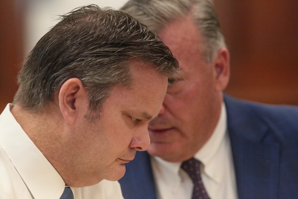 (John Roark | Post Register via AP, pool) Chad Daybell, left, confers with defense attorney John Prior during a preliminary hearing in St. Anthony, Idaho, on Monday, August 3, 2020. The preliminary hearing will help a judge decide if the charges against Chad Daybell will move forward in state court. Daybell, 52, is charged with concealing evidence by destroying or hiding the bodies of 7-year-old Joshua "JJ" Vallow and 17-year-old Tylee Ryan at his eastern Idaho home.
