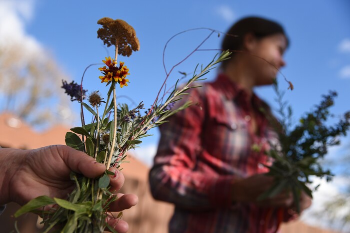 (Francisco Kjolseth  |  The Salt Lake Tribune)  A resident from the Center for Women and Children in Murray collects an arrangement after walking the grounds of the Freedom Garden across the street from the center where Celia Bell, at right, a horticulture education specialists encourages women to participate in the garden as part of their rehabilitation. 