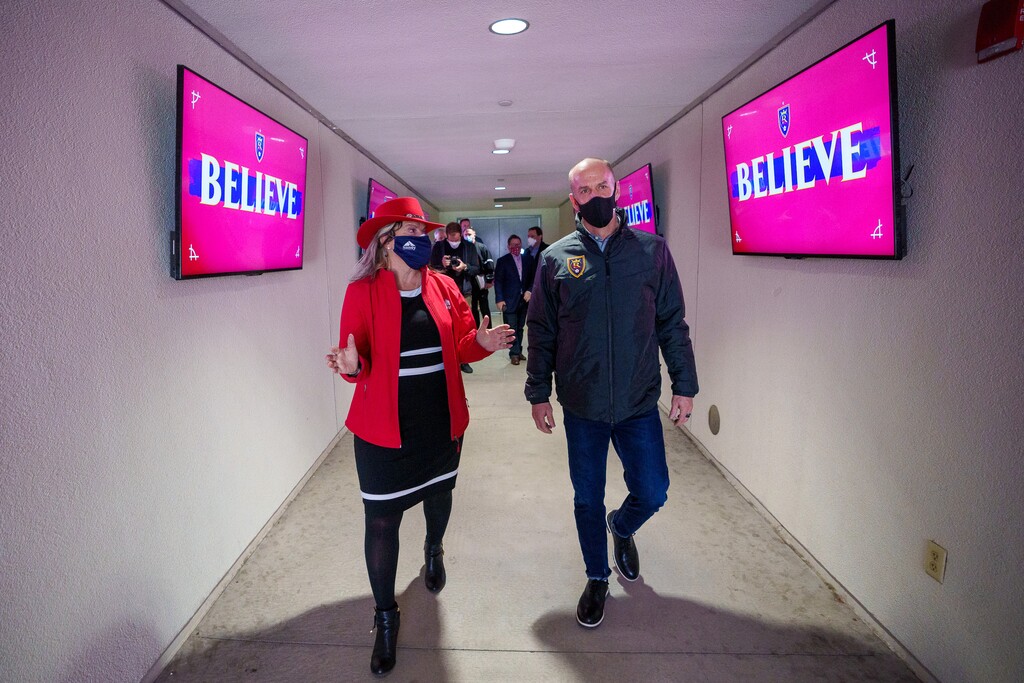 (Trent Nelson  |  The Salt Lake Tribune) New Sandy mayor Monica Zoltanski tours Rio Tinto Stadium in Sandy on Wednesday, Jan. 12, 2022. At right is John Kimball, who was named president of Real Salt Lake on Feb. 11, 2022.
