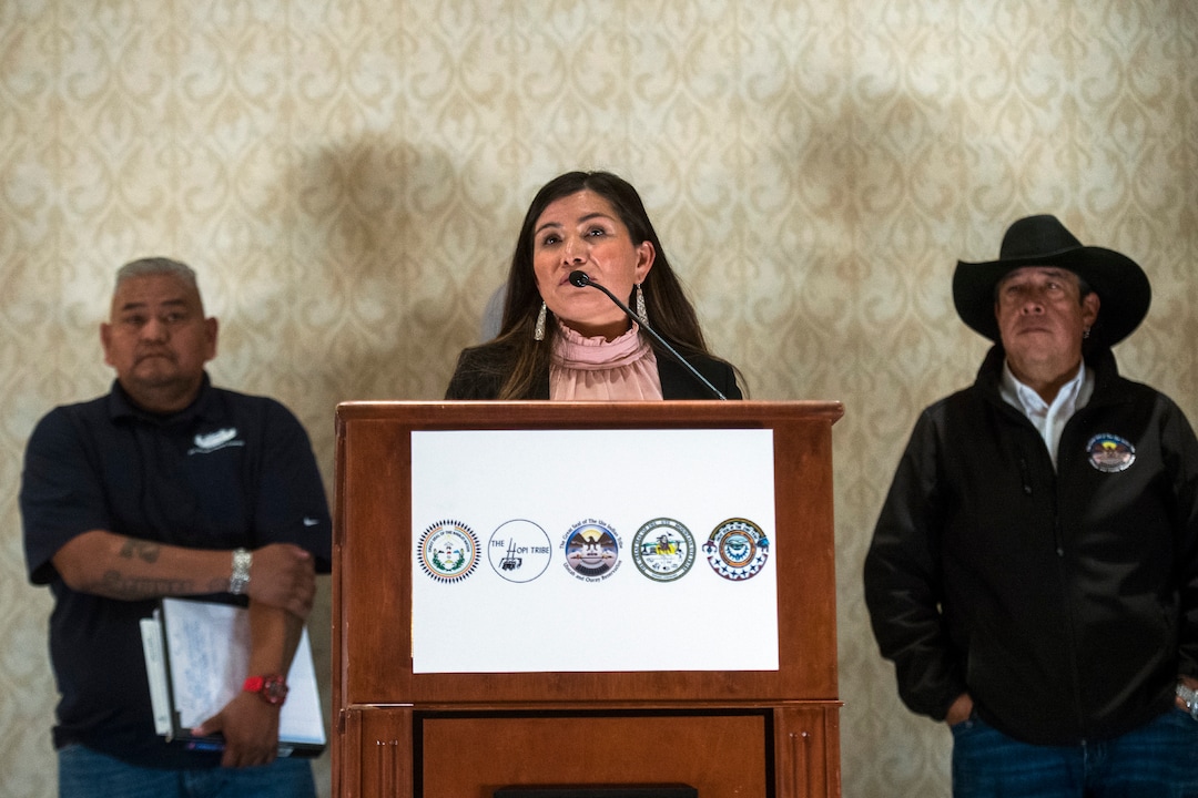 (Chris Detrick  |  The Salt Lake Tribune) Ethel B. Branch, Attorney General of the Navajo Nation, speaks during a press conference at the Salt Lake Marriott City Center Monday, December 4, 2017.  In back is Davis Filfred, Council Delegate, Navajo Nation, and Shaun Chapoose, Business Committee Member, Ute Indian Tribe.