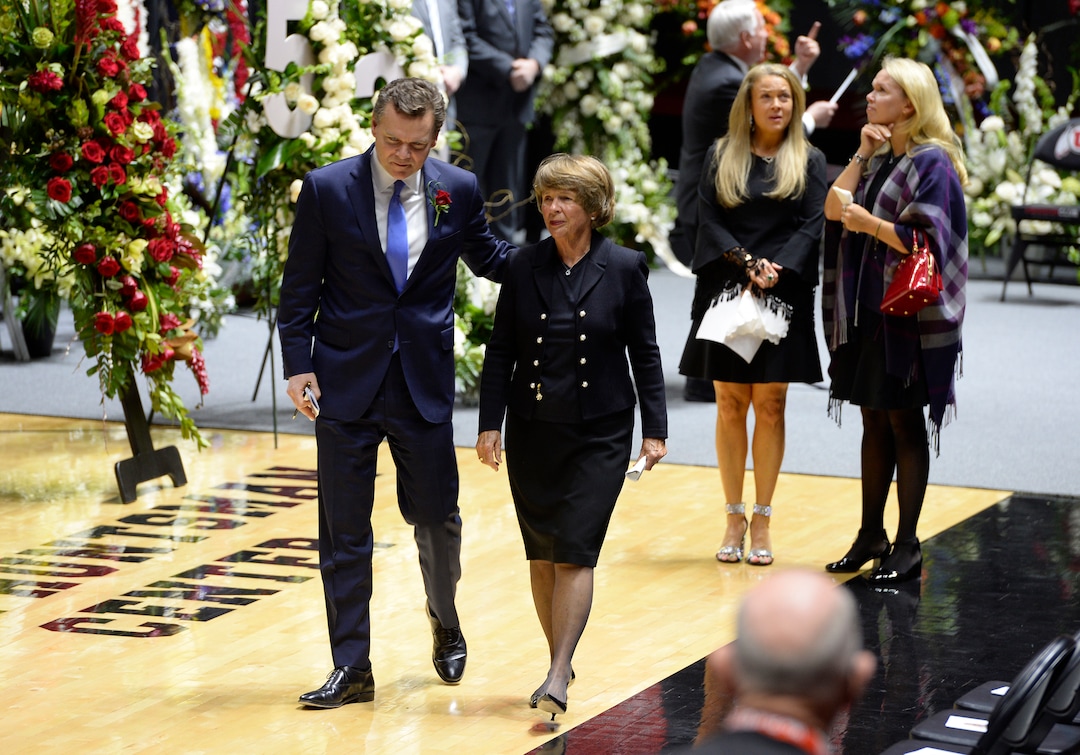 Scott Sommerdorf | The Salt Lake TribunePeter Huntsman walks with his mother Karen at the funeral services for Jon M. Huntsman, Sr., Saturday, February, 10, 2018. 
