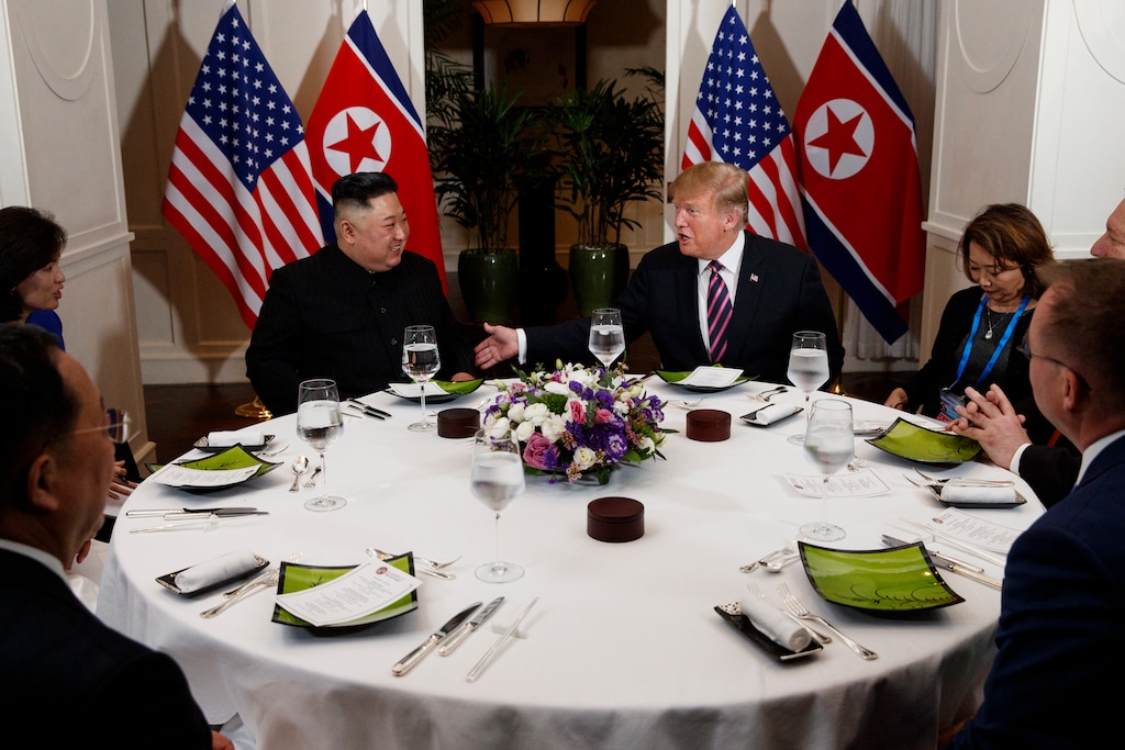 (Evan Vucci  |  AP Photo)  President Donald Trump speaks during a dinner with North Korean leader Kim Jong Un, Wednesday, Feb. 27, 2019, in Hanoi.