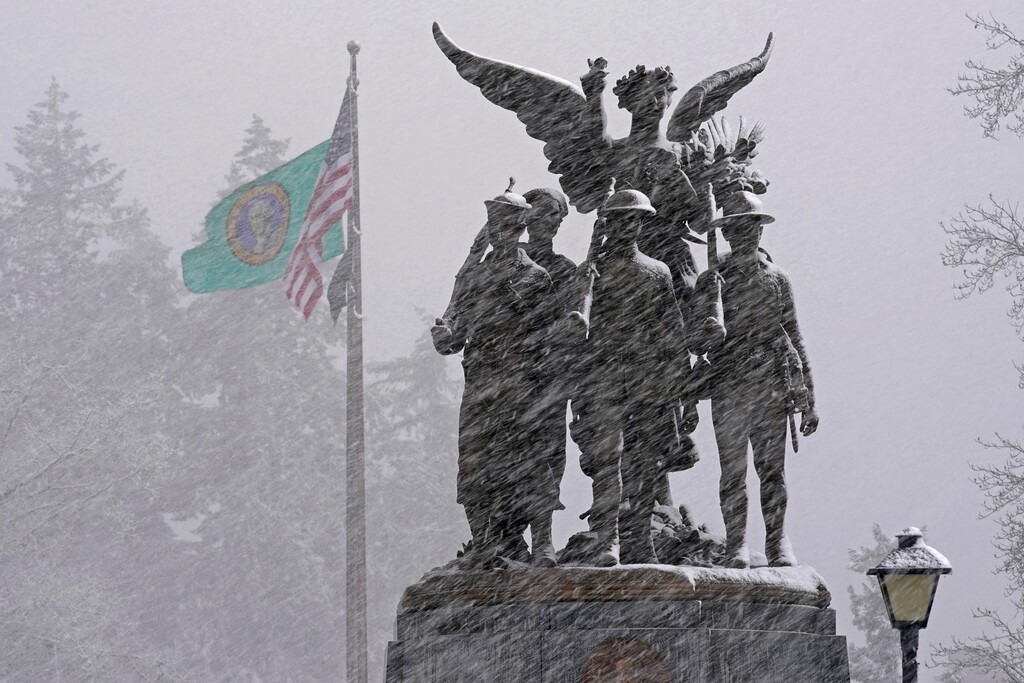 The Winged Victory Monument, which honors those who served in World War I, is shown Thursday, Feb. 11, 2021, at the Capitol in Olympia, Wash.