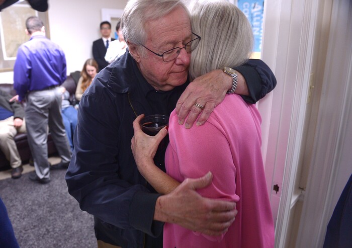 (Leah Hogsten  |  The Salt Lake Tribune) Utah's 3rd Congressional District Democratic candidate Dr. Kathie Allen gets a big hug from her husband Craig Fineshriber after she conceded the race at her election night headquarters November 7, 2017 in Holladay.  Allen faced faced Republican Provo Mayor John Curtis and the new United Utah Party’s Jim Bennett, as well as a handful of independent and third-party candidates in Tuesday, Nov. 7 special election after former Rep. Jason Chaffetz vacated his 3rseat.