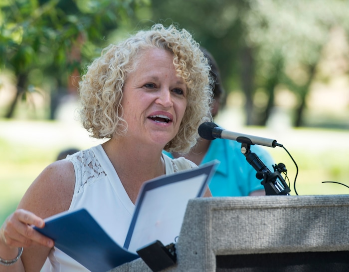 (Rick Egan  |  The Salt Lake Tribune)       Salt Lake CIty Mayor Jackie Biskupski speaks at the grand reopening celebration for Fairmont Park Pond, Wednesday, June 27, 2018.