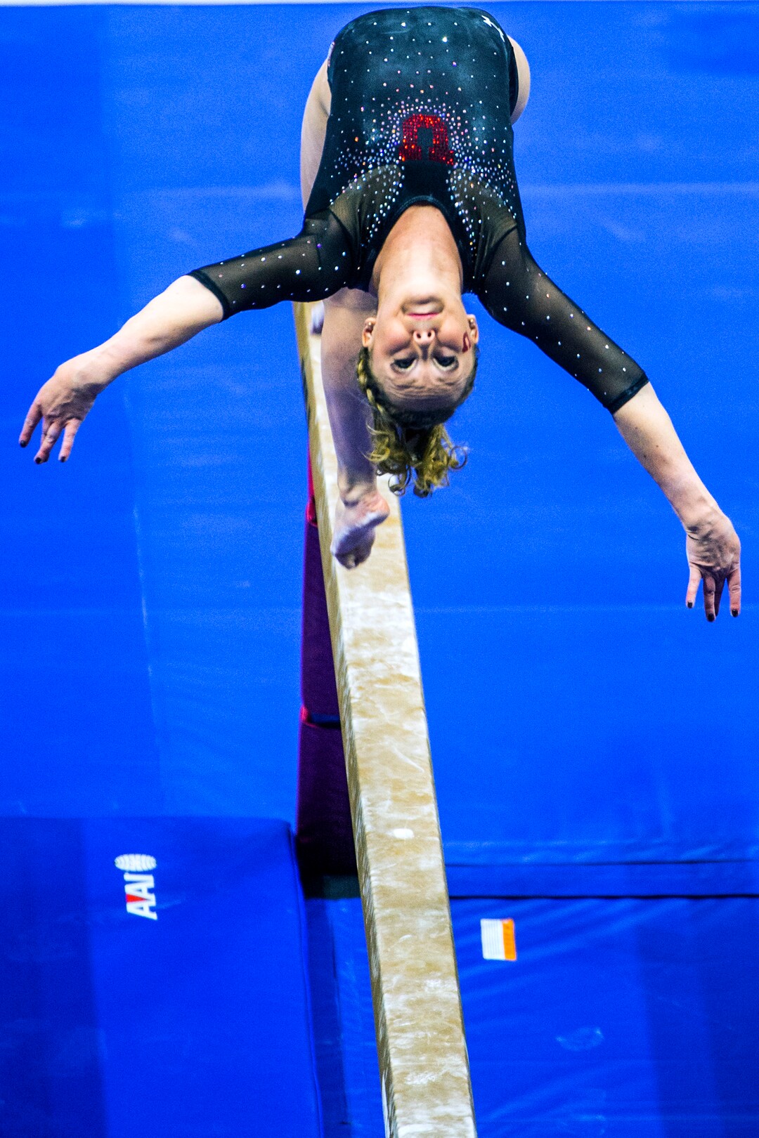 Chris Detrick  |  The Salt Lake TribuneUtah gymnast Maddy Stover performs on the beam during the Red Rocks Preview at the Huntsman Center Friday December 11, 2015.  