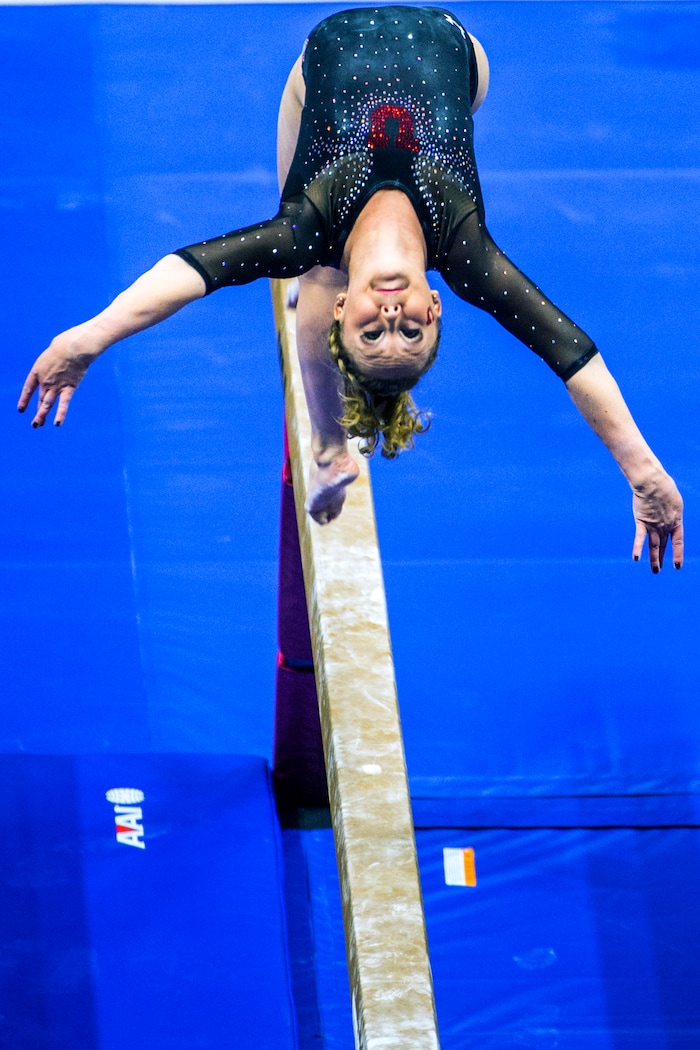 Chris Detrick  |  The Salt Lake TribuneUtah gymnast Maddy Stover performs on the beam during the Red Rocks Preview at the Huntsman Center Friday December 11, 2015.  