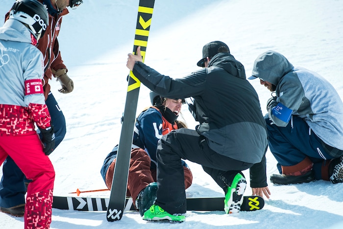 (Chris Detrick  |  The Salt Lake Tribune)  Maddie Bowman of the United States after crashing on her final run in the Ladies' Ski Halfpipe Final Run at Phoenix Park during the Pyeongchang 2018 Winter Olympics Tuesday, Feb. 20, 2018. Bowman, the gold medal winner in the 2014 Sochi Olympics, finished in 11th place with a score of 25.80.  