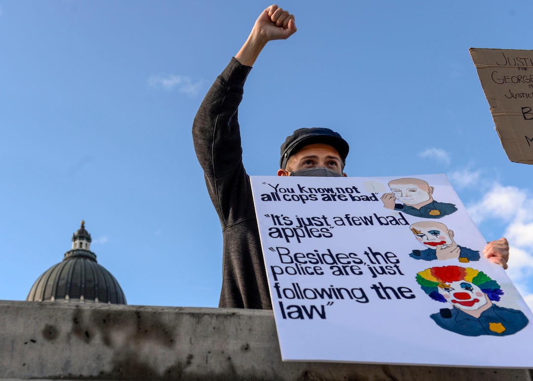 (Leah Hogsten  |  The Salt Lake Tribune) Demonstrators marched from the Utah Capitol down State Street, stopping at every intersection for five minutes in honor of George Floyd, June 8, 2020.