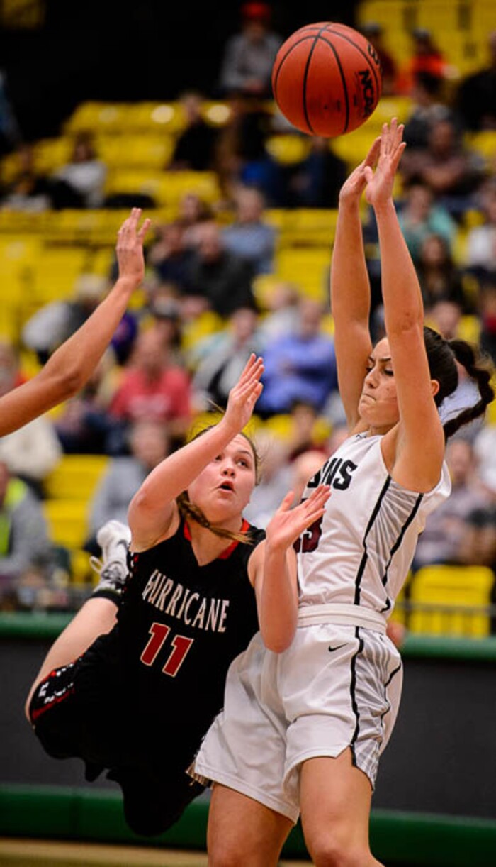 (Trent Nelson | The Salt Lake Tribune)
Hurricane vs. Mountain View, 4A State high school basketball tournament at Utah Valley University in Orem, Thursday March 1, 2018. Hurricane's Jayden Langford (11) shoots in front of Mountain View's Tahlia White (23).