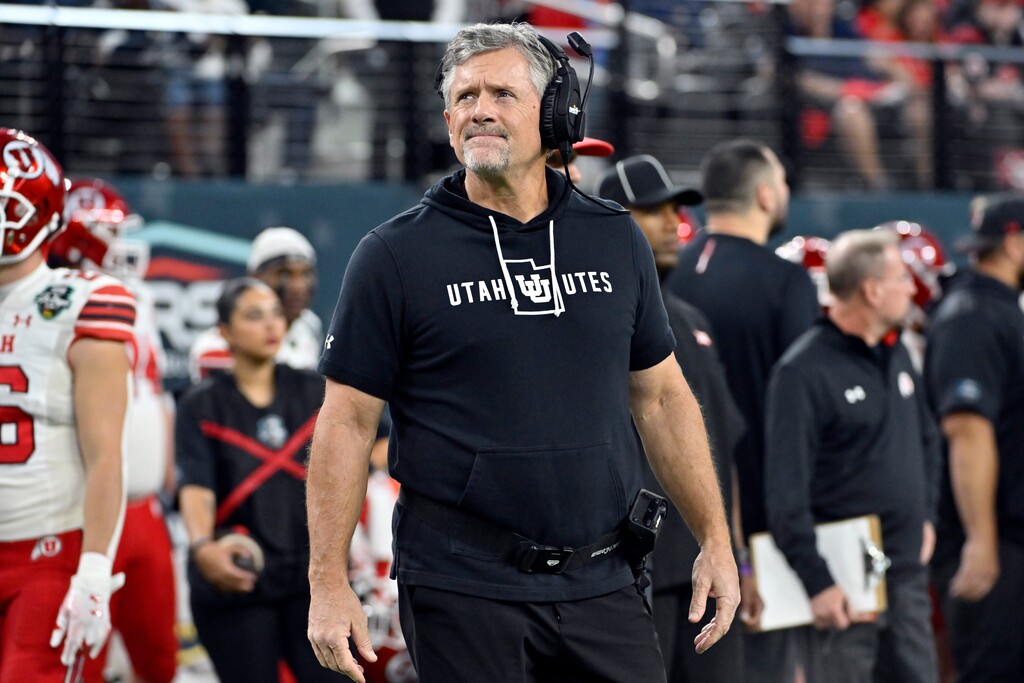(David Becker | AP)  Utah head coach Kyle Whittingham looks on before the Las Vegas Bowl NCAA college football game against Northwestern, Saturday, Dec. 23, 2023, in Las Vegas.