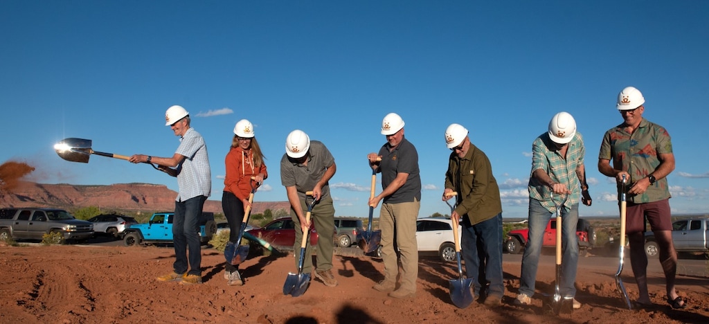 (Courtesy ofBest Friends Animal Society) Best Friends CEO Julie Castle, second from left, Jacob Cluff of H&C Development, and Best Friends colleagues break ground on new employee housing in Kanab on Sept. 22, 2022.