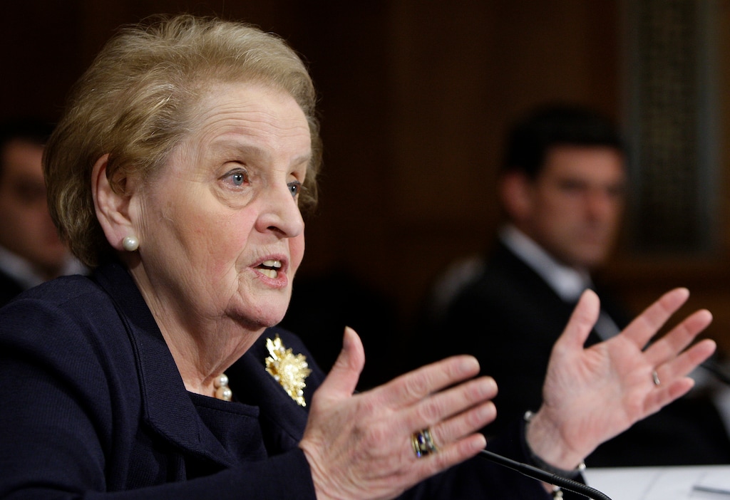 FILE - Former Secretary of State Madeleine Albright testifies on Capitol Hill in Washington, on Oct. 22, 2009 before the Senate Foreign Relations Committee hearing on NATO. Albright has died of cancer, her family said Wednesday, March 23, 2022.  (AP Photo/Haraz N. Ghanbari, File)