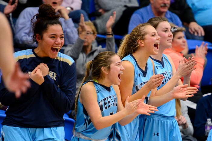 (Trent Nelson | The Salt Lake Tribune)  Westlake players cheer in the fourth quarter as Hillcrest faces Westlake in the 6A High School Girls' Basketball Tournament at SLCC in Taylorsville, Thursday Feb. 22, 2018.