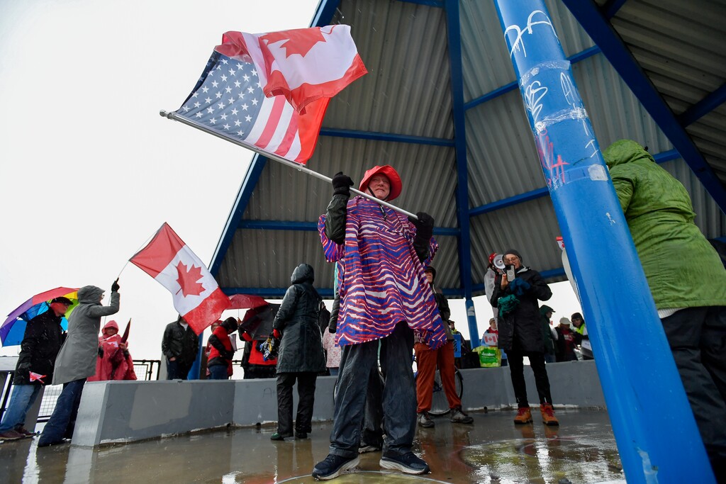 (Adrian Kraus | AP) Elbows Up for Canada protesters gather near The Peace Bridge border crossing in Buffalo, N.Y., Wednesday, April 2, 2025.