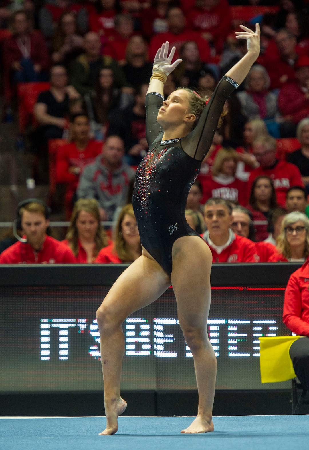 (Rick Egan  |  The Salt Lake Tribune)   Adrienne Randall competes on the floor for Utah, in PAC-12 gymnastics action between the UCLA Bruins and the University of Utah, at the Jon M. Huntsman Center, Saturday, Feb. 23, 2019.