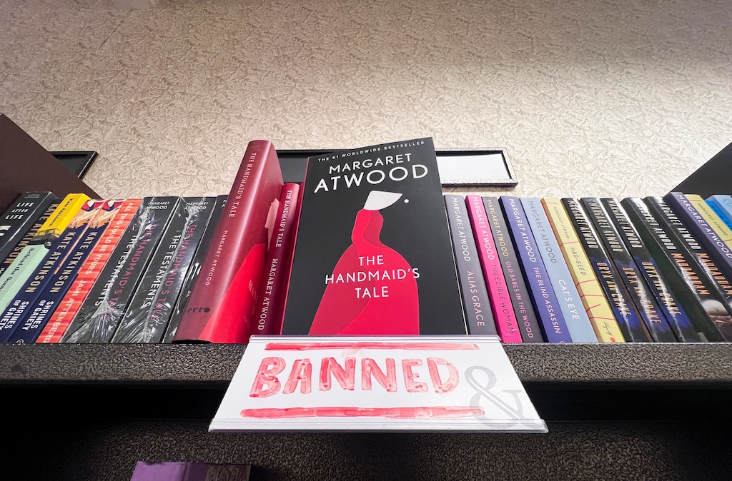 (Bethany Baker  |  The Salt Lake Tribune) A sign indicates a book for sale at Barnes and Noble that has been banned in Utah public schools in Salt Lake City Saturday, Dec. 14, 2024.