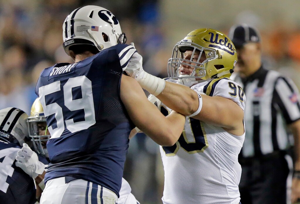 Thomas Shoaf is one of several BYU offensive linemen who have added weight in an attempt to make the line beefier and more stout in 2018.  (AP Photo/Rick Bowmer)