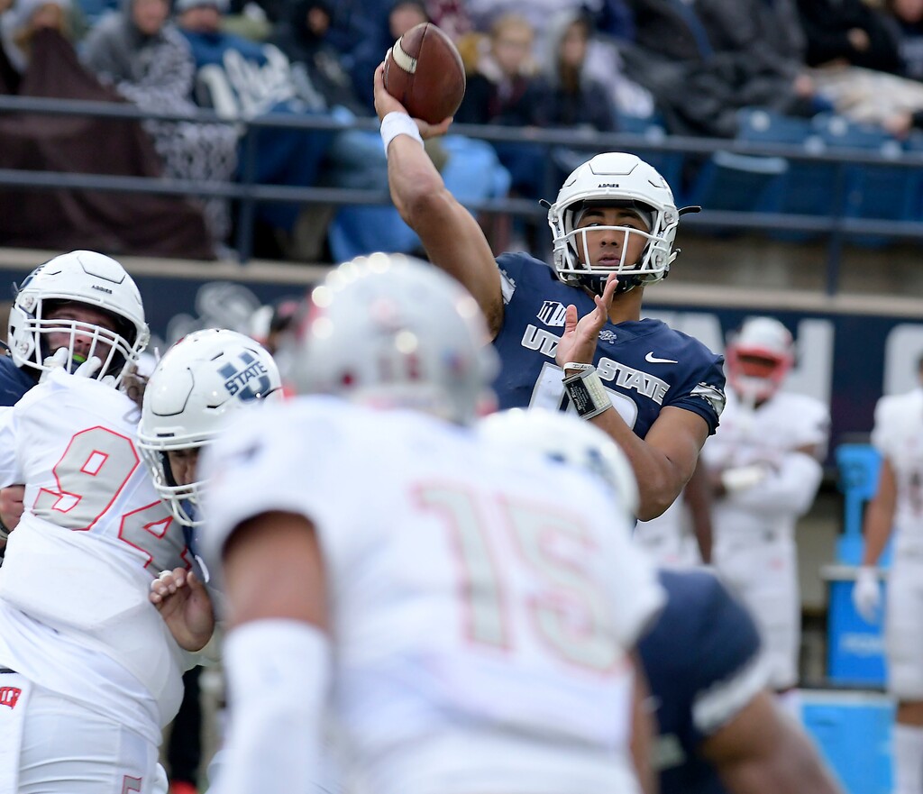 Utah State quarterback Jordan Love (10) throws a touchdown pass against UNLV during an NCAA college football game Saturday, Oct. 13, 2018, in Logan, Utah. (Eli Lucero/The Herald Journal via AP)