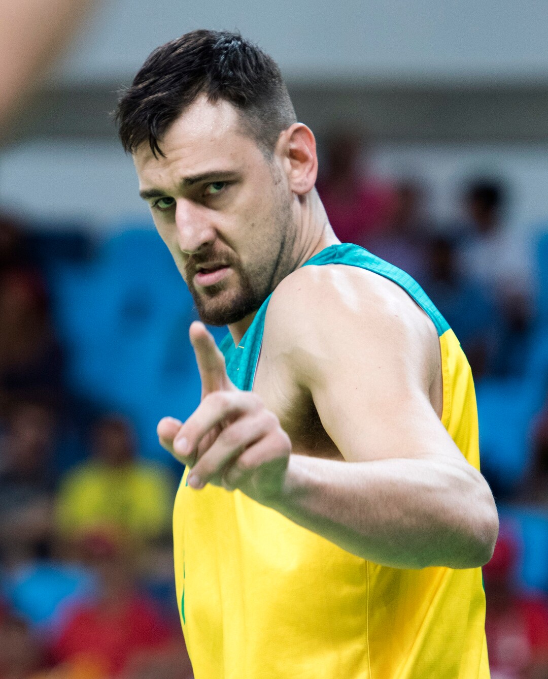 Rick Egan  |  The Salt Lake TribuneAndrew Bogut (6) of Australia reacts to a call by the official, in Olympic Basketball action vs. France, in Rio de Janeiro, Friday, August 5, 2016.