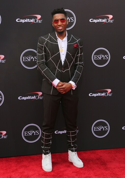 Utah Jazz star Donovan Mitchell arrives at the ESPY Awards at Microsoft Theater on Wednesday, July 18, 2018, in Los Angeles. (Photo by Willy Sanjuan/Invision/AP)