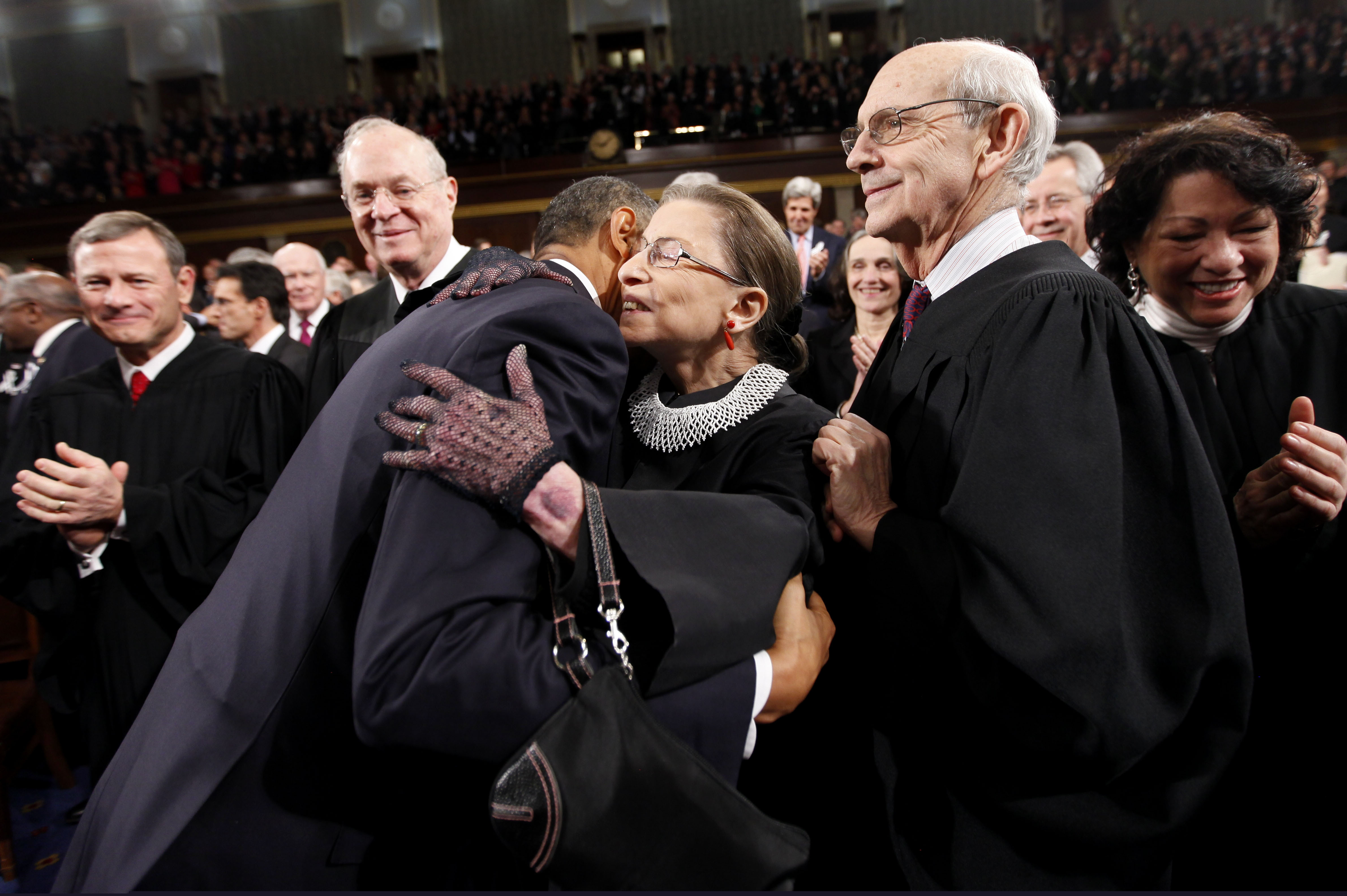 (Pablo Martinez Monsivais | AP file photo)
In this Jan. 25, 2011, photo, President Barack Obama hugs Supreme Court Justice Ruth Bader Ginsburg on Capitol Hill in Washington, prior to delivering his State of the Union address. From left are, Chief Justice John Roberts, Justice Anthony Kennedy, Obama, Justice Ginsburg and Justice Stephen Breyer. Ruth Bader Ginsburg died Friday at her home in Washington.