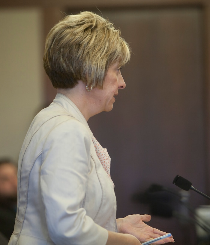 (Chris Caldwell  |  Pool Photo)  Deputy County Attorney Angela Adams during the detention hearing and the initial appearance for the 16-year-old boy accused of bringing a bomb to Pine View High School. Wednesday, March 28, 2018.