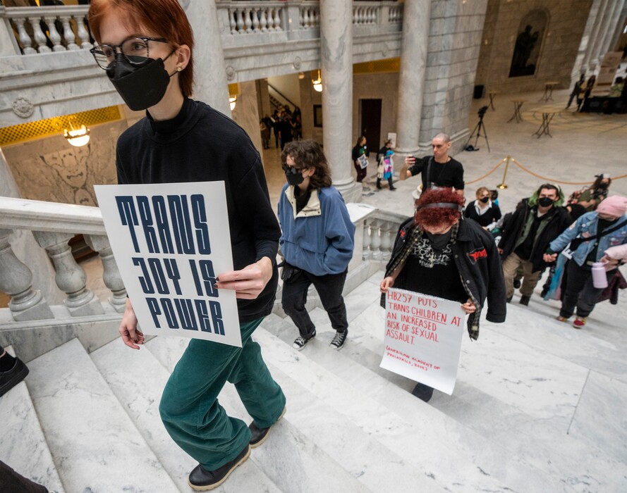 (Rick Egan | The Salt Lake Tribune)  A group of protesters chant during a demonstration inside the Capitol in opposition to HB257, on Tuesday, Jan. 23, 2024.