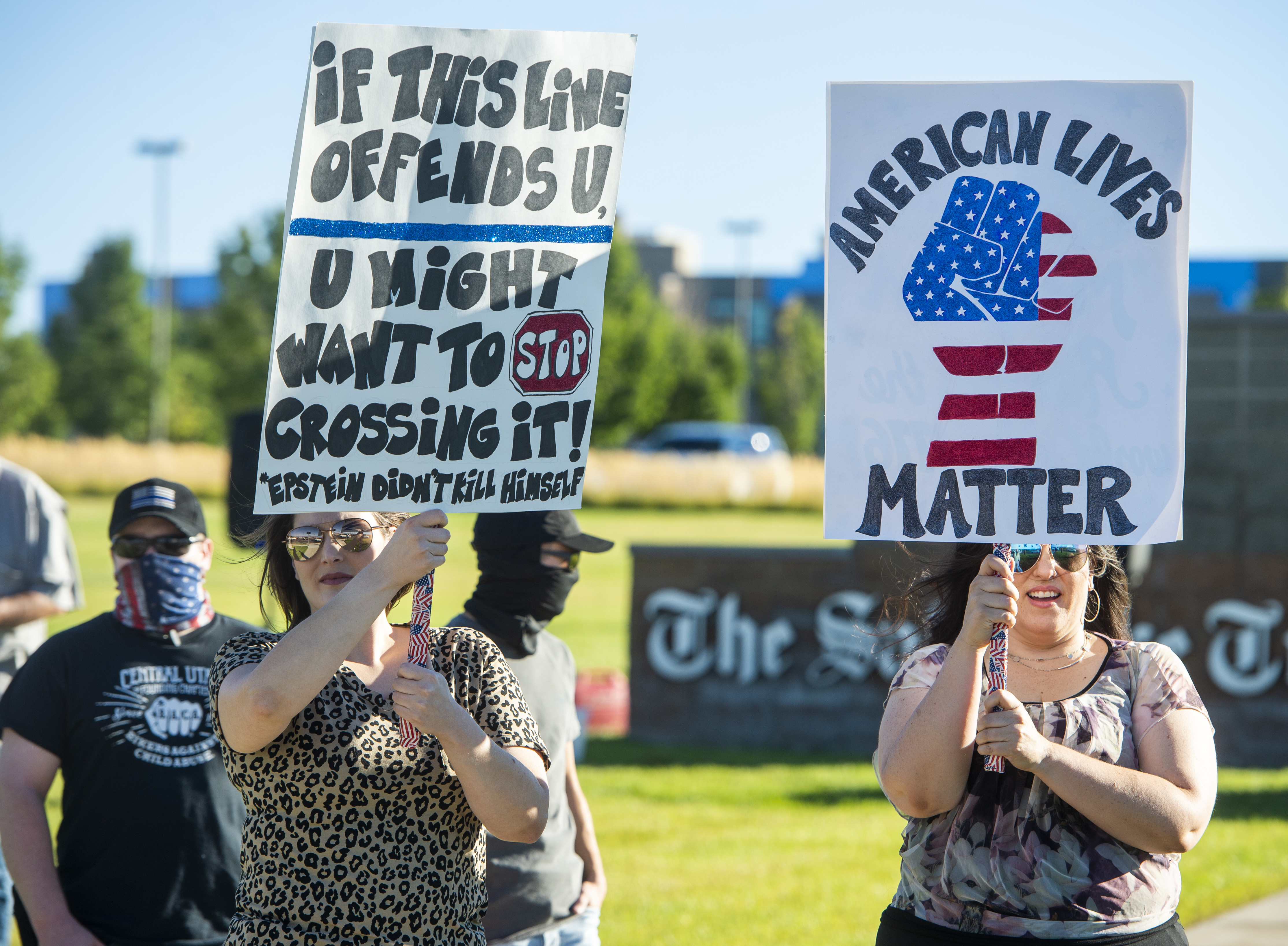 (Rick Egan  |  The Salt Lake Tribune)     Police supporters upset by a Pat Bagley cartoon, protest The Salt Lake Tribune in West Valley City, on Thursday, Sept. 3, 2020.