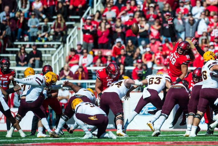 (Chris Detrick  |  The Salt Lake Tribune)  Arizona State Sun Devils place kicker Brandon Ruiz (1) kicks a field goal during the game at Rice-Eccles Stadium Saturday, October 21, 2017. 