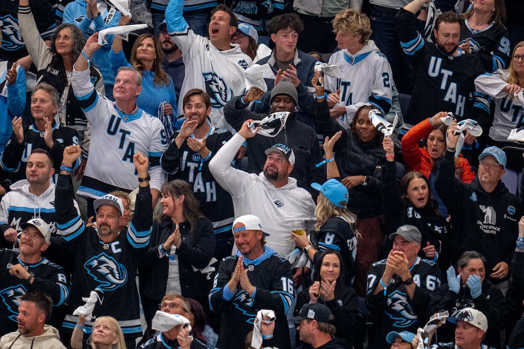 (Trent Nelson  |  The Salt Lake Tribune) Utah fans celebrate a goal as the Utah Mammoth host the Chicago Blackhawks, NHL hockey in Salt Lake City on Thursday, Oct. 1, 2026.