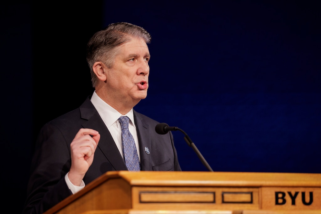 (Lizzy McDonald | BYU) General authority Seventy Matthew S. Holland speaks at a devotional at Brigham Young University in Provo on Tuesday, Jan. 20, 2026.