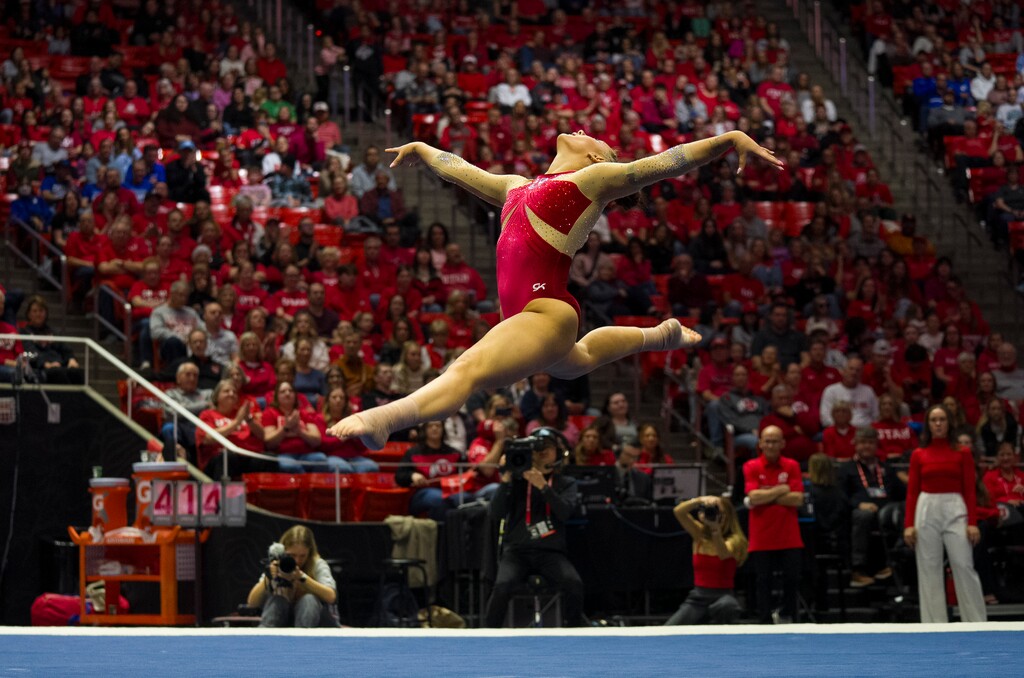 (Bethany Baker  |  The Salt Lake Tribune) Utah's Makenna Smith competes on the floor earlier this season. For the first time in 50 years, the Red Rocks have failed to reach the nationals.