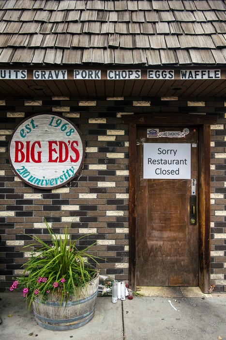 (Chris Detrick  |  The Salt Lake Tribune) The red, white and blue sign on Big Ed's, 210 University Street, was stolen Thursday. It's the second mystery surrounding the restaurant that suddenly closed last September.