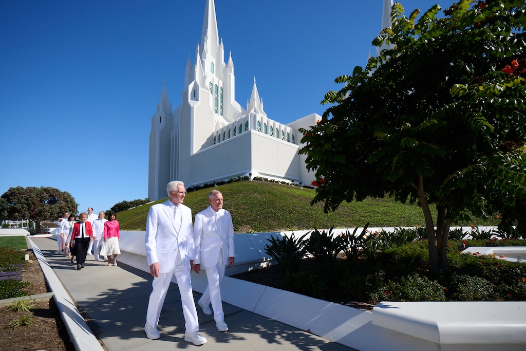 (The Church of Jesus Christ of Latter-day Saints) President D. Todd Christofferson, left, of the First Presidency walks around the grounds of the San Diego Temple with general authority Seventy Steven R. Bangerter on Sunday, Aug. 23, 2026.