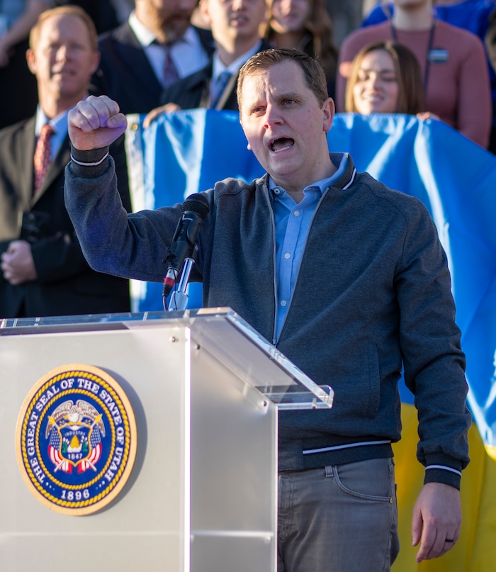 (Rick Egan | The Salt Lake Tribune) Owen Fuller leads a chant during a rally, at the Capitol in support of Ukraine, on Monday, Feb. 28, 2022.