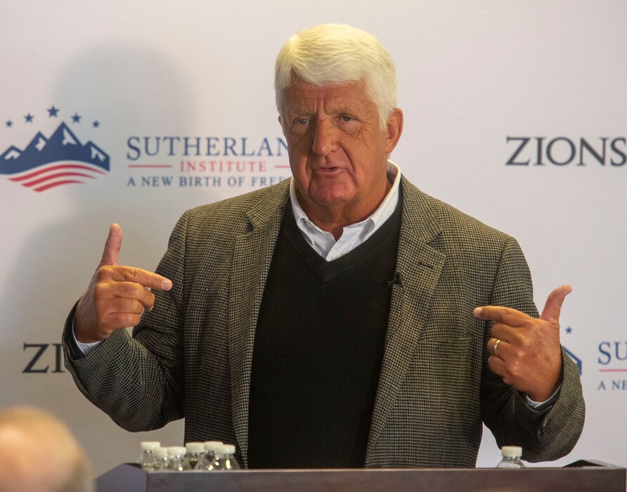 (Rick Egan  |  The Salt Lake Tribune)     Rep. Rob Bishop talks to the Sutherland Institute about innovating education,Wednesday, Aug. 28, 2019.