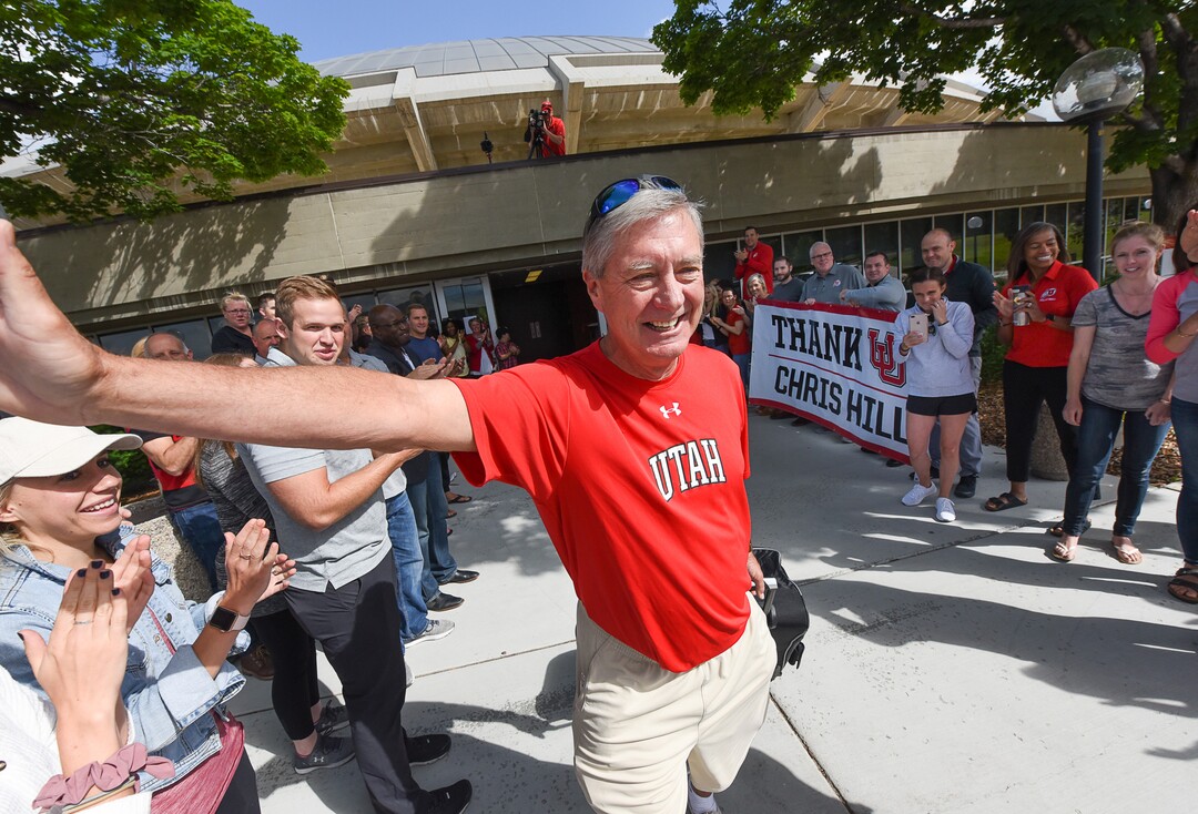 (Francisco Kjolseth  |  The Salt Lake Tribune)  University of Utah athletic director Chris Hill says goodbye to friends and staff at the Huntsman Center on Friday, June 1, 2018, before climbing aboard a red Ute-branded Holiday Motor coach bus to the sounds of cheers and applause after 31 years on the job.