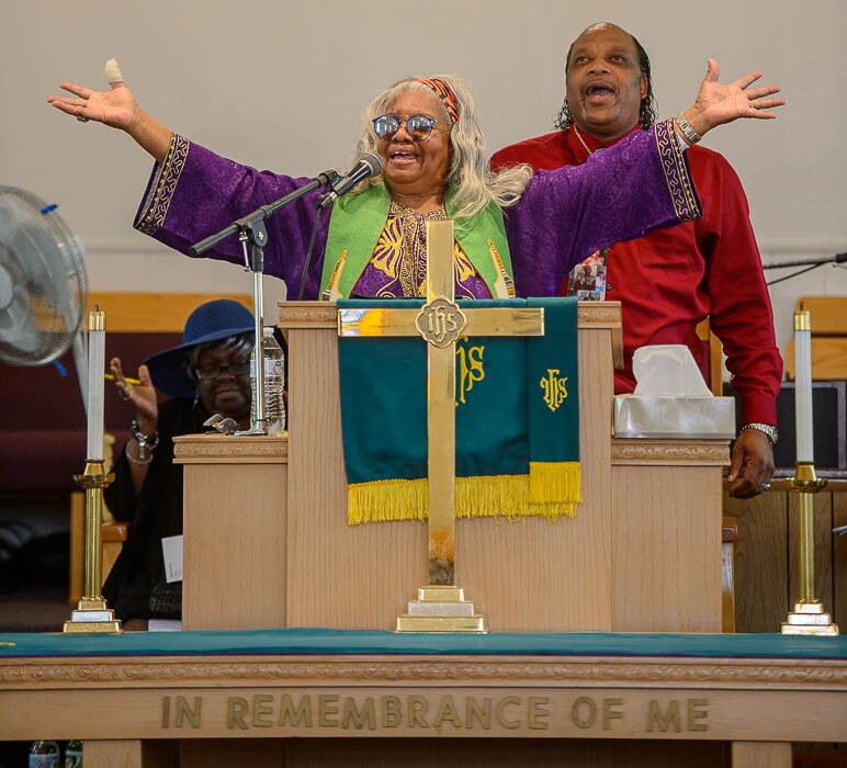 (Trent Nelson | The Salt Lake Tribune)  
The Rev. Nurjhan Govan is retiring after 14 years, the longest-serving pastor Salt Lake City's historic Trinity AME Church has ever had, Sunday, Aug. 19, 2018. At rear is Associate Pastor Daniel Stallings.