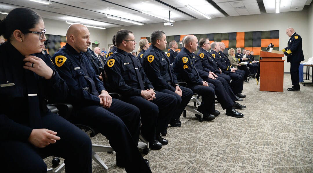 (Francisco Kjolseth  |  The Salt Lake Tribune)  Police Chief Mike Brown addresses members of the airport police, established in 1984, as they gather with friends and family for a ceremony to retire their patch and badge and be pinned with their Salt Lake City Police badges on Tuesday, Feb. 26, 2019. 