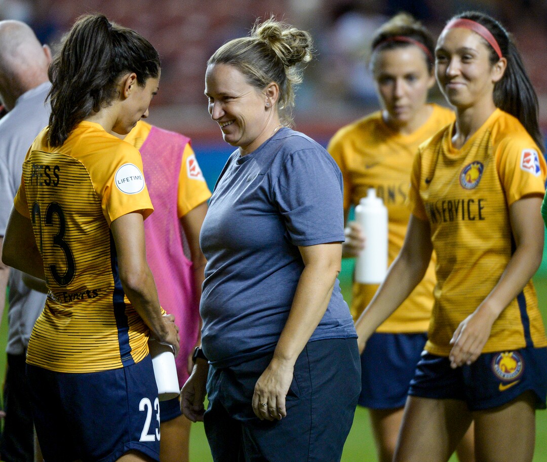 (Leah Hogsten  |  The Salt Lake Tribune) Utah Royals FC forward Christen Press (23) celebrates the win with coach Laura Harvey. The Utah Royals FC defeated Sky Blue FC, 3-0, August 7, 2019 at Rio Tinto Stadium.
