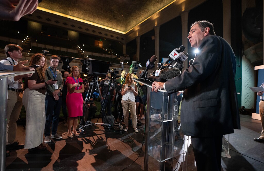 (Francisco Kjolseth | The Salt Lake Tribune) Democratic challenger state Rep. Brian King answers questions from news outlets following his debate with Republican Utah Gov. Spencer Cox, who is running for reelection, and Libertarian opponent Robert Latham at Salt Lake Community College on Wednesday, Sept. 11, 2024.