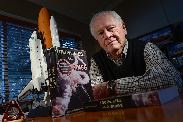 Francisco Kjolseth | The Salt Lake TribuneAs the 30th anniversary of the explosion of the space shuttle Challenger on Jan. 28, 1986, comes around, Allan McDonald of Ogden recounts making the best decision of his life, unfortunately his call was not the final one. A Utah company, Morton-Thiokol, made the rocket boosters that included sets of o-rings between the rocket sections. Before launch, M-T engineers warned against launching because temperatures had dipped down to 18 and they believed the o-rings could fail and leak gas, which would then explode. Allan McDonald, a Morton-Thiokol engineer, was director of the program and refused to sign off on the launch. NASA launched anyway and the shuttle blew up shortly after launch.