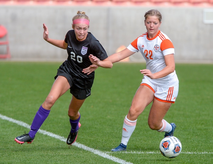 (Chris Samuels | The Salt Lake Tribune) Skyridge plays Riverton in the 6A girls’ soccer state championships at Rio Tinto Stadium in Sandy, Friday, Oct. 22, 2021.