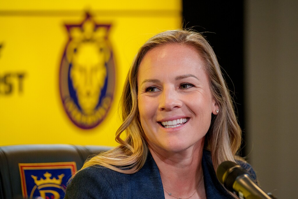 (Trent Nelson  |  The Salt Lake Tribune) Utah Royals FC coach Amy Rodriguez is introduced in Sandy on Thursday, April 20, 2023.