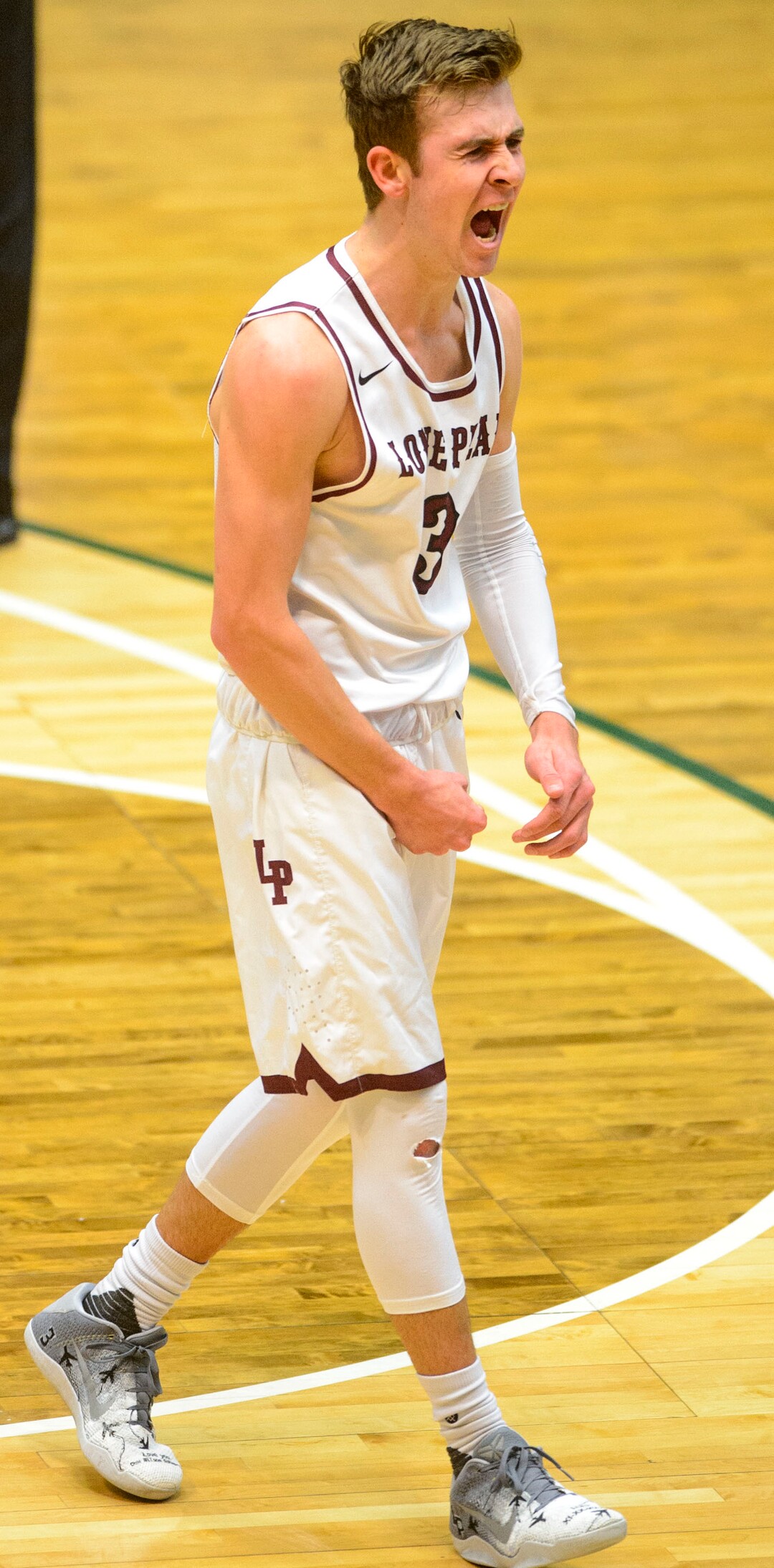 (Steve Griffin  |  The Salt Lake Tribune) Lone Peak's Steven Ashworth gets fired up after scoring and getting fouled during 6A basketball playoff game against Herriman at the Utah Valley UniversityÕs UCCU Center in Provo Tuesday Feb. 27, 2018.