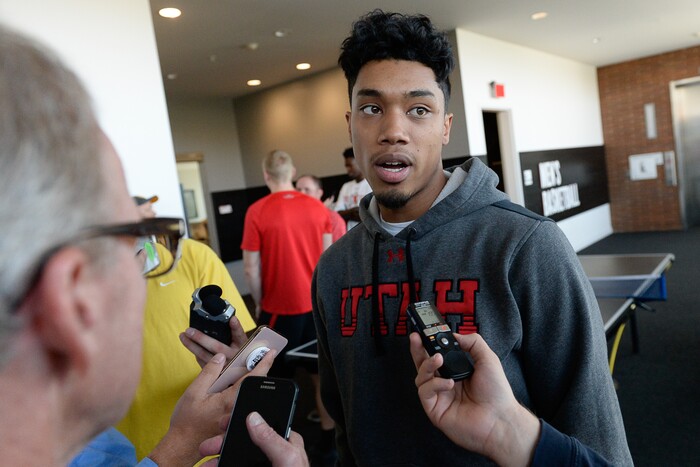(Francisco Kjolseth  |  The Salt Lake Tribune)  Utah senior Sedrick Barefield speaks with the press during media day at the Ute basketball practice facility on Wed. Sept. 26, 2018.